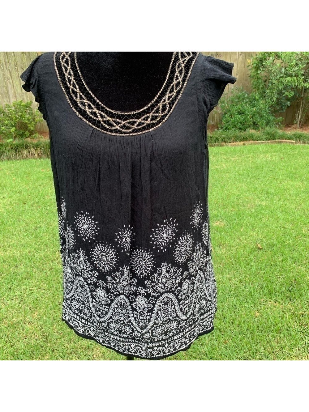 beaded embellished scoop neck summer tank top flutter sleeve metallic chain